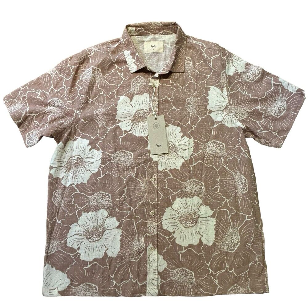 Folk Maui Tropical Linen Blend Button Down Short Sleeve Pink Tan Cream XL NWT